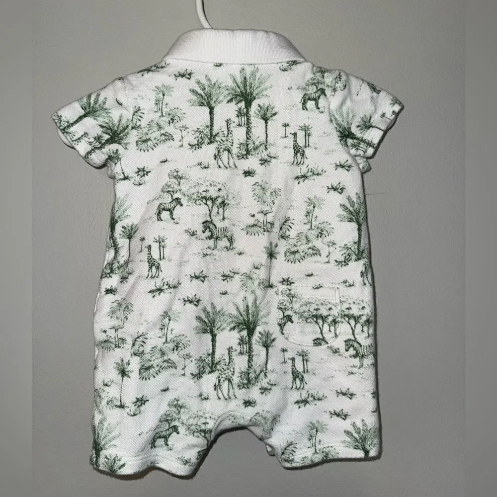 Janie and Jack Baby Tropical Toile Polo Romper Green and White Size 0-3months